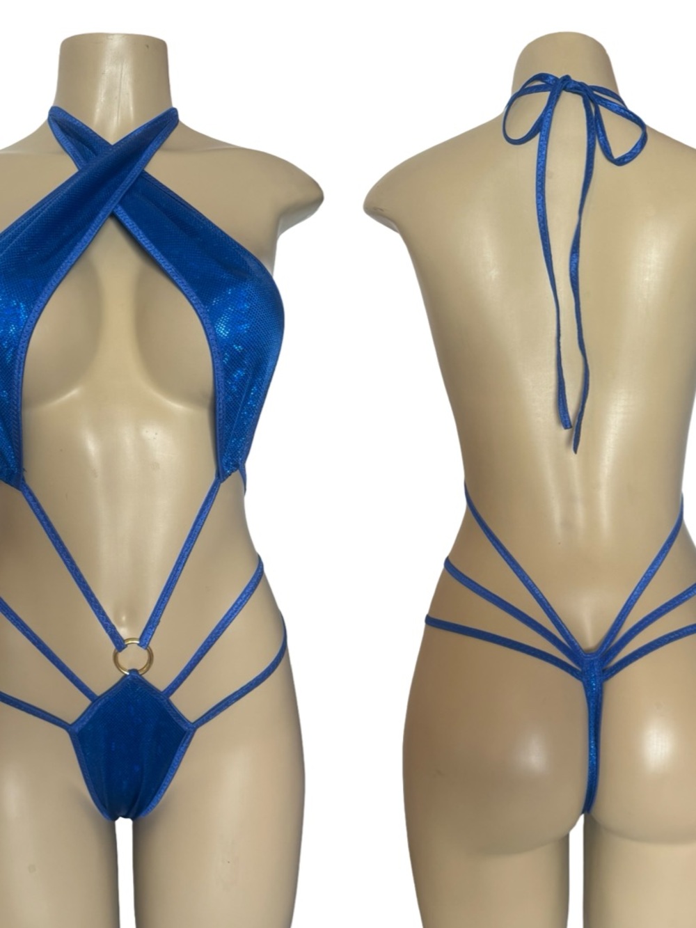 Metallic Electric Blue Strappy Halter One-Piece - exotic dancewear